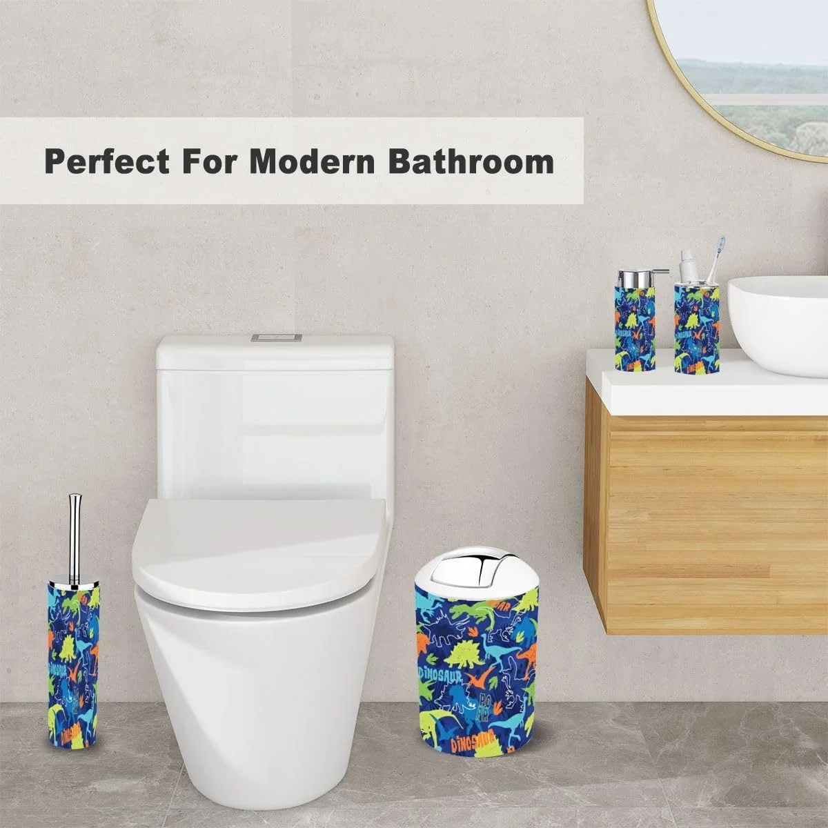 ست لوازم جانبی حمام 6 تکه طرح روشن دایناسور رنگارنگ آبی با طرح گرنج برای جا مسواکی، لیوان مسواک، جا مایع صابون، جا صابونی، جا برس توالت، سطل زباله برای روی میز ست لوازم جانبی حمام 6 تکه طرح روشن دایناسور رنگارنگ آبی با طرح گرنج برای جا مسواکی، لیوان مسواک، جا مایع صابون، جا صابونی، جا برس توالت، سطل زباله برای روی میز