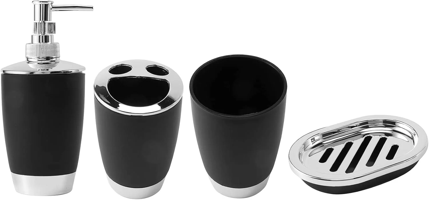 ست لوازم حمام 4 تکه شامل جای صابون، لیوان، جا مسواکی و مایع دستشویی - مشکی