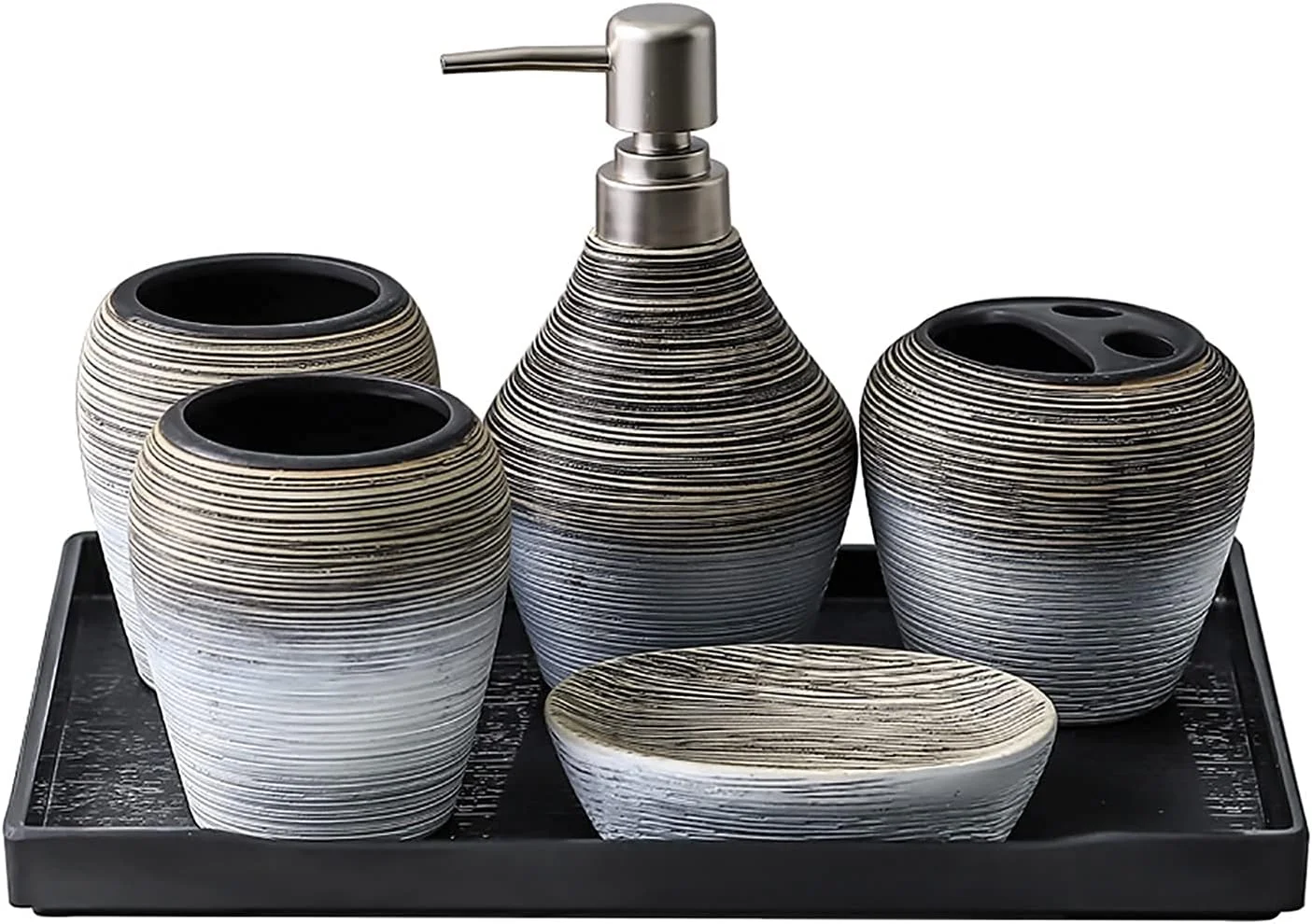 ست لوازم حمام، 6 تکه، سرامیکی، شامل 1 عدد جای مایع دستشویی، 2 عدد لیوان مسواک، 1 عدد جای صابون، 1 عدد جا مسواکی و 1 عدد سینی ست لوازم حمام، 6 تکه، سرامیکی، شامل 1 عدد جای مایع دستشویی، 2 عدد لیوان مسواک، 1 عدد جای صابون، 1 عدد جا مسواکی و 1 عدد سینی