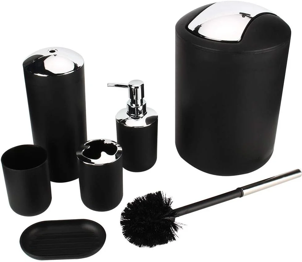 ابزار نظافت حمام - ست لوازم جانبی شیک حمام شامل جا مسواکی، سطل زباله و جا صابونی، مشکی ابزار نظافت حمام - ست لوازم جانبی شیک حمام شامل جا مسواکی، سطل زباله و جا صابونی، مشکی