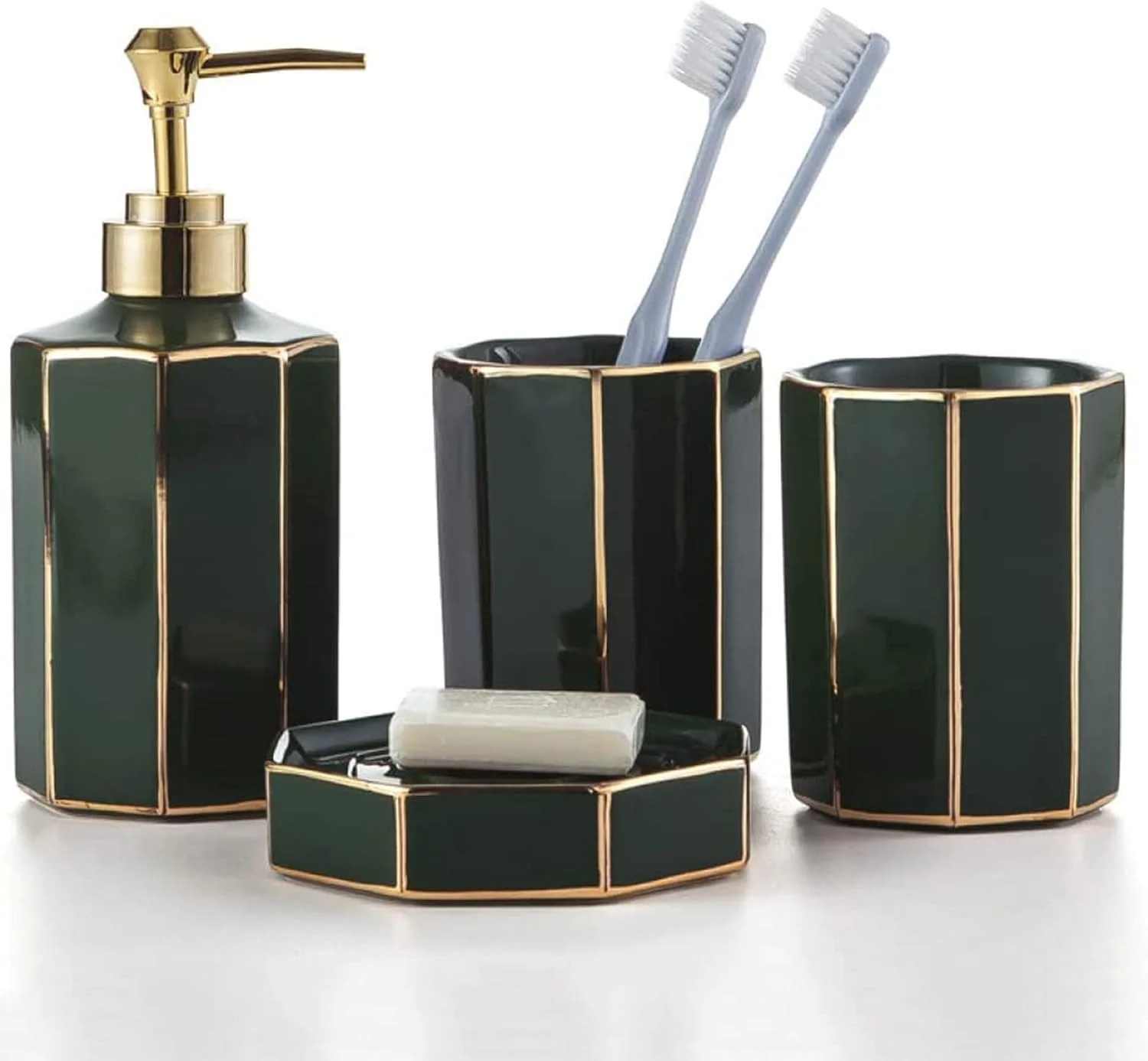 ست کامل لوازم جانبی سرامیکی 4 تکه برای روشویی حمام شامل جا مایع، لیوان و جا صابونی ست کامل لوازم جانبی سرامیکی 4 تکه برای روشویی حمام شامل جا مایع، لیوان و جا صابونی