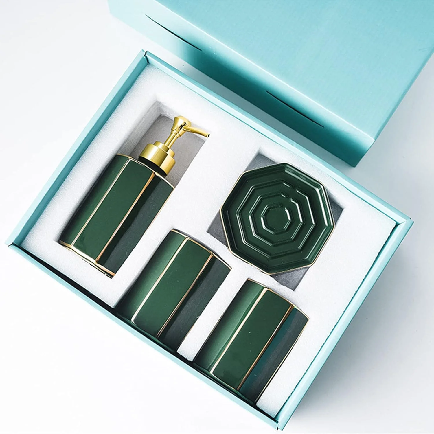 ست کامل لوازم حمام، ۴ تکه، سرامیکی، شامل جای لوسیون، لیوان و جای صابون