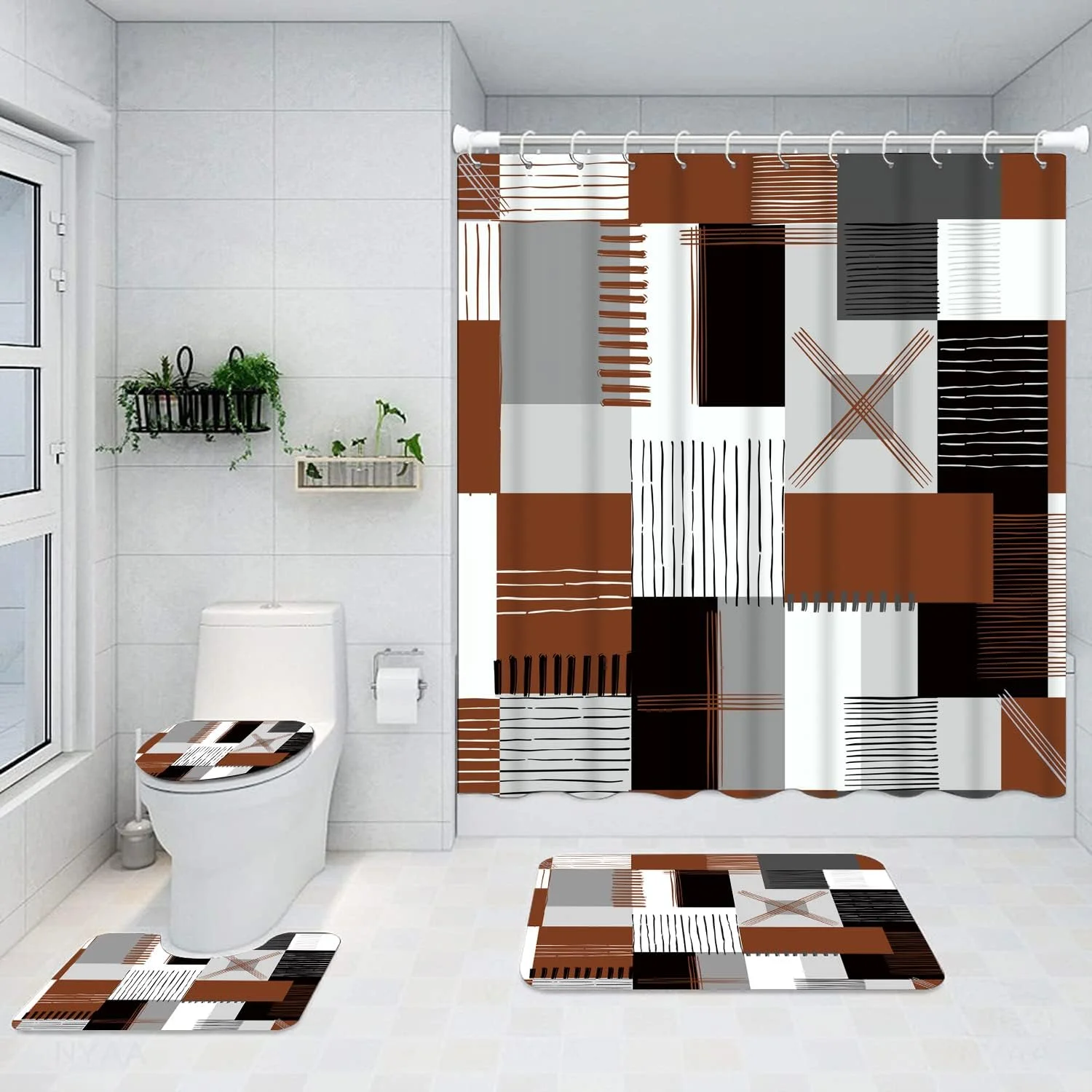 ست پرده حمام قهوه ای با فرش و پادری، لوازم دکوری مدرن حمام منزل، پرده حمام ضد آب خاکستری و سفید با فرش های ضد لغزش، روکش درب توالت و پادری حمام ست پرده حمام قهوه ای با فرش و پادری، لوازم دکوری مدرن حمام منزل، پرده حمام ضد آب خاکستری و سفید با فرش های ضد لغزش، روکش درب توالت و پادری حمام