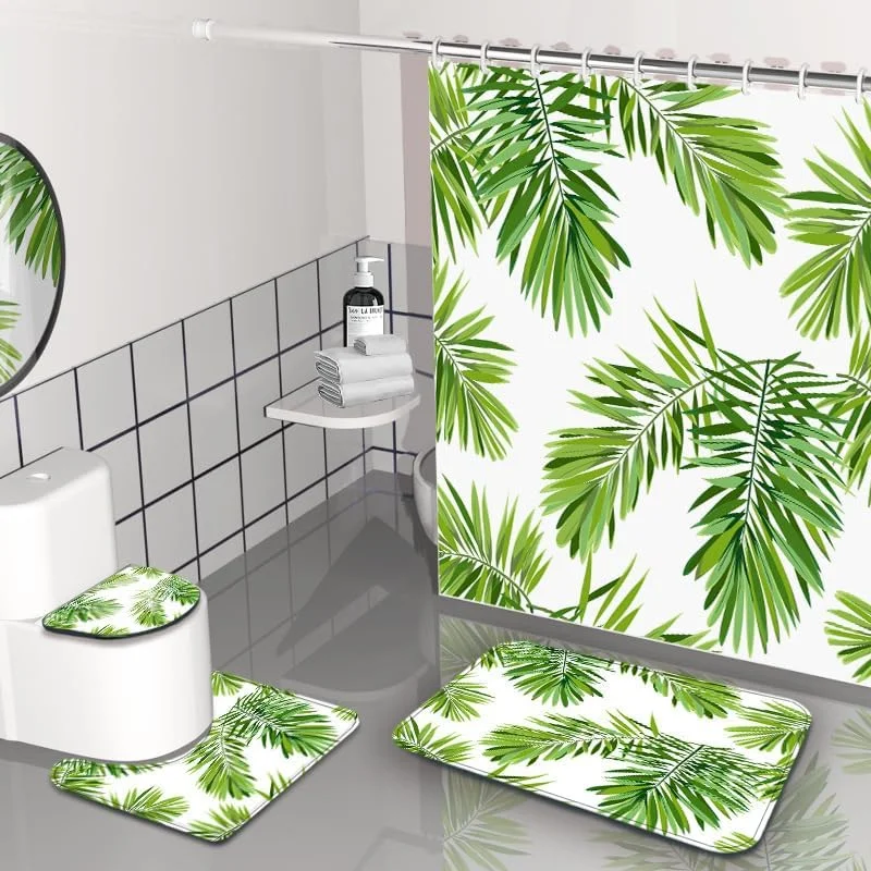 ست چهار تکه حمام، پرده حمام طرح گیاهان سبز، برگ های نخل گرمسیری با فرش های ضد لغزش، روکش درب توالت و پادری، پرده های حمام مدرن برای دکور حمام با 12 قلاب ست چهار تکه حمام، پرده حمام طرح گیاهان سبز، برگ های نخل گرمسیری با فرش های ضد لغزش، روکش درب توالت و پادری، پرده های حمام مدرن برای دکور حمام با 12 قلاب