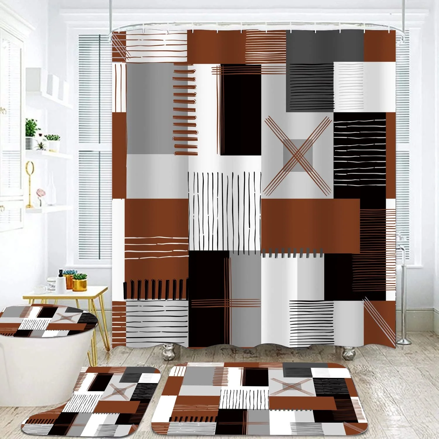 ست پرده حمام قهوه ای با فرش و پادری، لوازم دکوری مدرن حمام منزل، پرده حمام ضد آب خاکستری و سفید با فرش های ضد لغزش، روکش درب توالت و پادری حمام