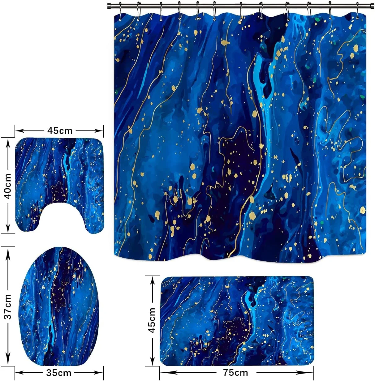 ست لوازم حمام شامل پرده حمام و پادری، ست پرده حمام ضد آب شامل پرده حمام، پادری ضد لغزش، روکش درب توالت، زیرپایی حمام و 12 عدد قلاب، پرده حمام طرح سنگ مرمر آبی برای حمام ست لوازم حمام شامل پرده حمام و پادری، ست پرده حمام ضد آب شامل پرده حمام، پادری ضد لغزش، روکش درب توالت، زیرپایی حمام و 12 عدد قلاب، پرده حمام طرح سنگ مرمر آبی برای حمام