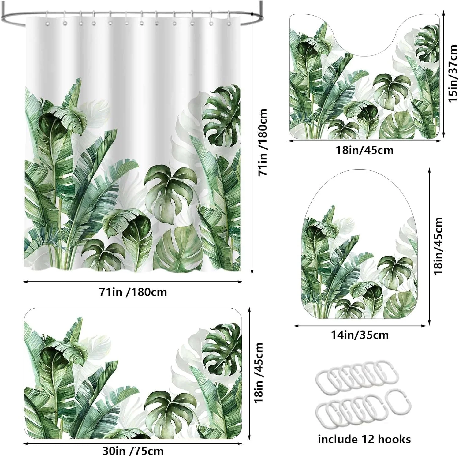 ست چهار تکه حمام، پرده حمام طرح گیاهان سبز، برگ های نخل گرمسیری با فرش های ضد لغزش، روکش درب توالت و پادری، پرده های حمام مدرن برای دکور حمام با 12 قلاب