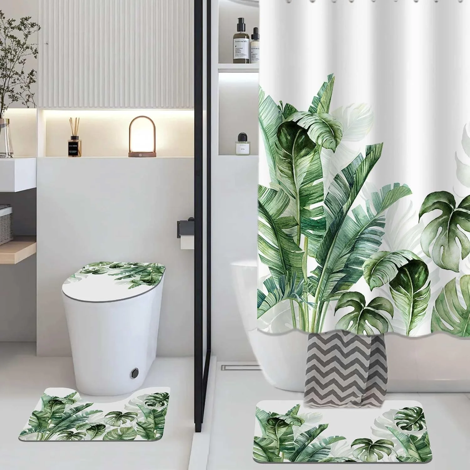 ست چهار تکه حمام، پرده حمام طرح گیاهان سبز، برگ های نخل گرمسیری با فرش های ضد لغزش، روکش درب توالت و پادری، پرده های حمام مدرن برای دکور حمام با 12 قلاب