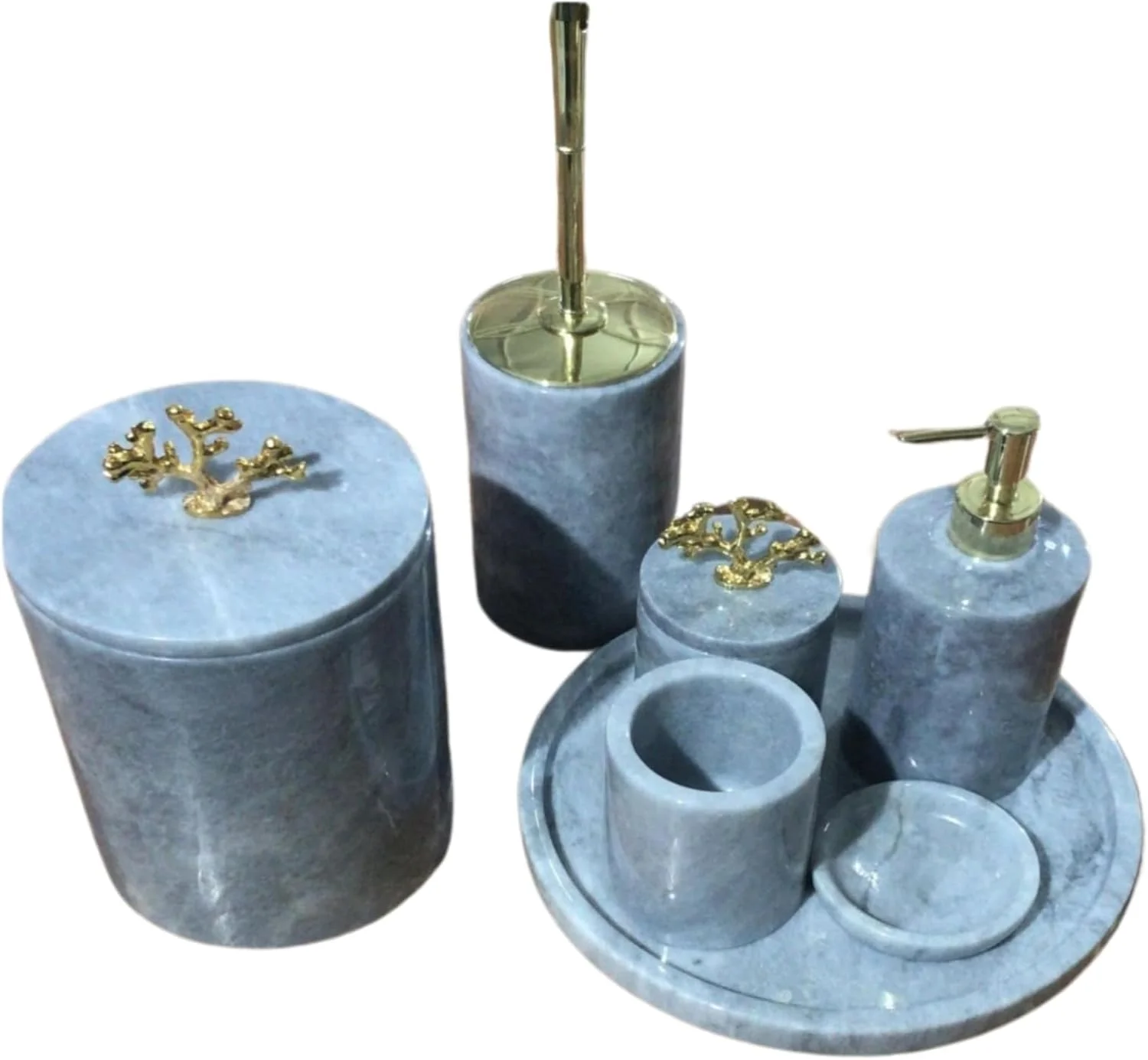ست لوازم حمام ۷ تکه طرح سنگ مرمر خاکستری شامل سینی ۳۰ سانتیمتری، جا مایع دستشویی، جا صابون، جا مسواک، جا پنبه، جا برس توالت و سطل زباله ست لوازم حمام ۷ تکه طرح سنگ مرمر خاکستری شامل سینی ۳۰ سانتیمتری، جا مایع دستشویی، جا صابون، جا مسواک، جا پنبه، جا برس توالت و سطل زباله