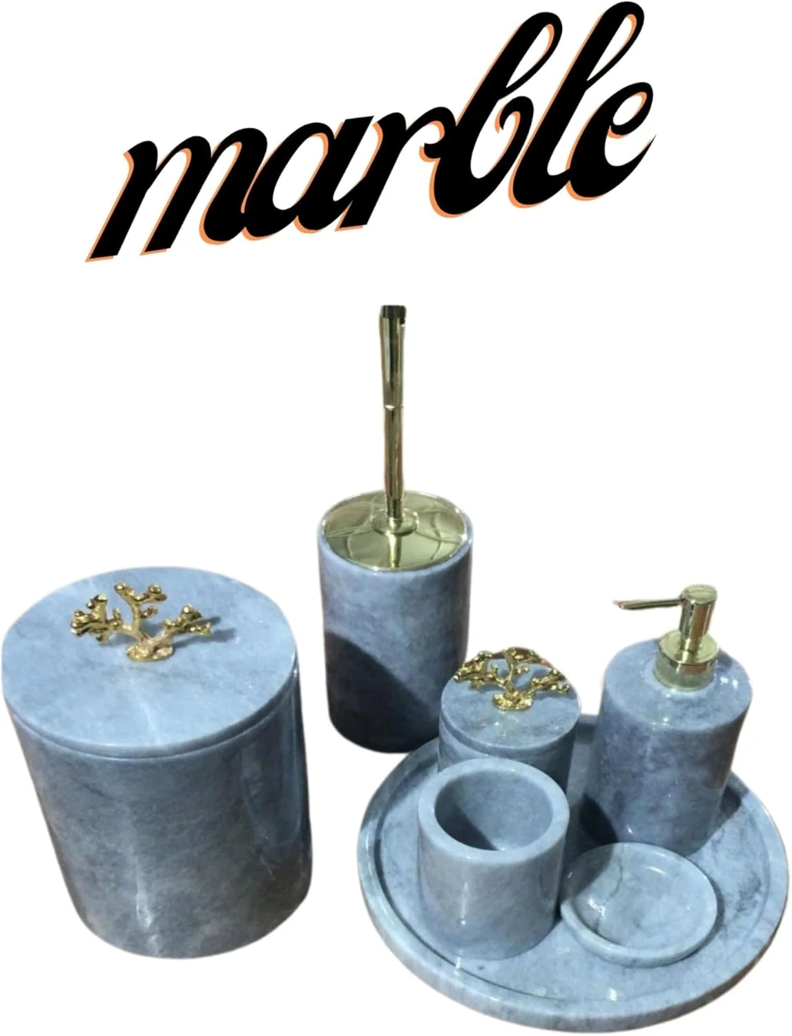 ست لوازم حمام ۷ تکه طرح سنگ مرمر خاکستری شامل سینی ۳۰ سانتی‌متری، جا مایع دستشویی، جا صابون، جا مسواک، جا پنبه، جا برس توالت و سطل زباله
