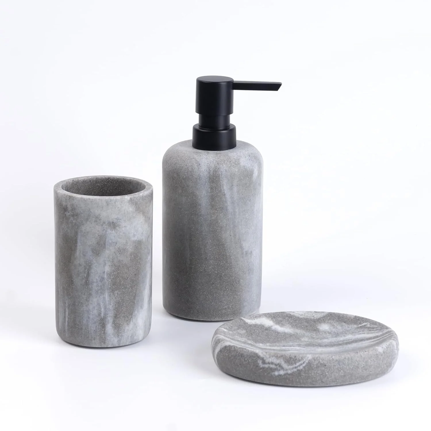 ست سرویس بهداشتی، ست سه تکه شامل جای مایع دستشویی، جا صابونی و جا مسواکی، ست سه تکه سنگی طرح ابر رزینی