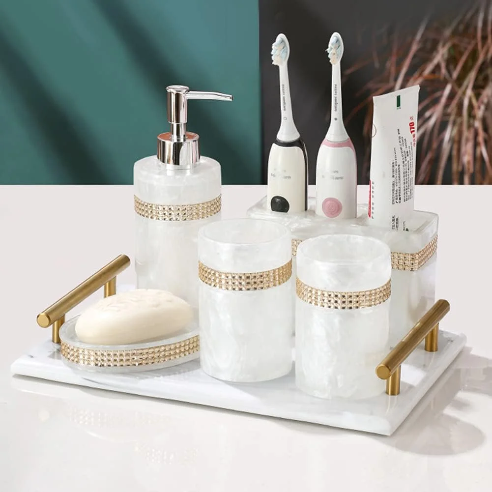 ست ۶ تکه لوازم حمام رزینی ZLQHDG برای دکور حمام شامل جا مایع، جا مسواکی، لیوان، جا صابونی و سینی