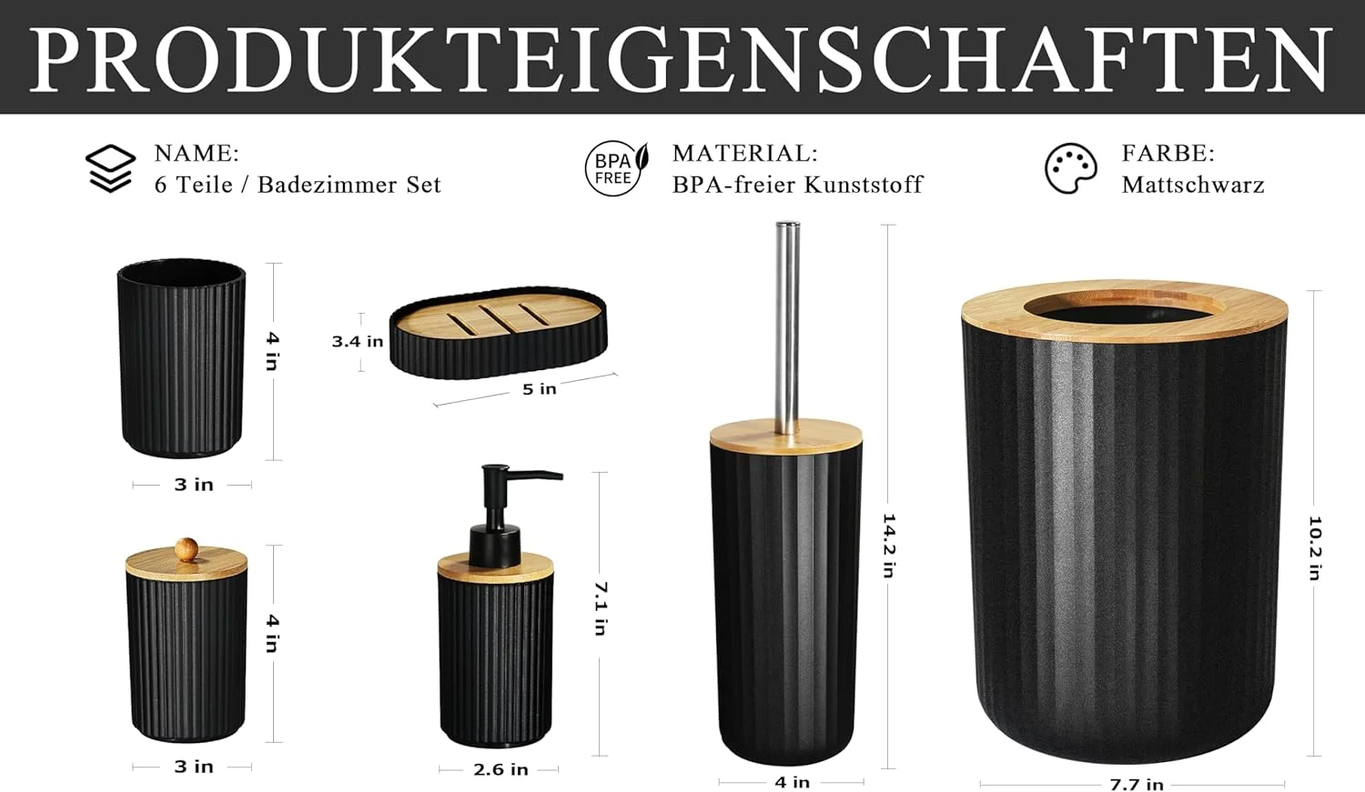 ست لوازم حمام GMISUN، ۶ تکه، مشکی شامل جا مایع صابون، سطل زباله، جا مسواکی، جا صابونی، و برس توالت، طراحی بوهو