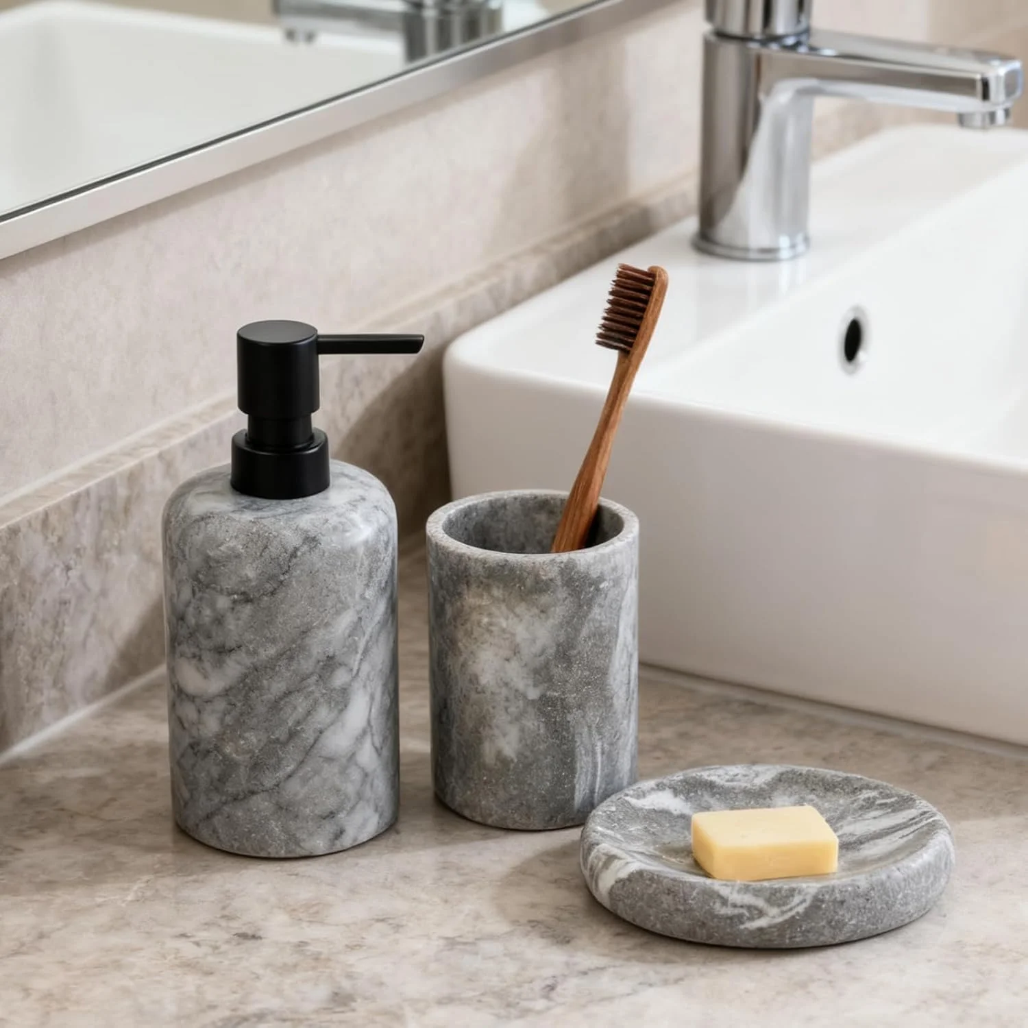 ست سرویس بهداشتی، ست سه تکه شامل جای مایع دستشویی، جا صابونی و جا مسواکی، ست سه تکه سنگی طرح ابر رزینی ست سرویس بهداشتی، ست سه تکه شامل جای مایع دستشویی، جا صابونی و جا مسواکی، ست سه تکه سنگی طرح ابر رزینی