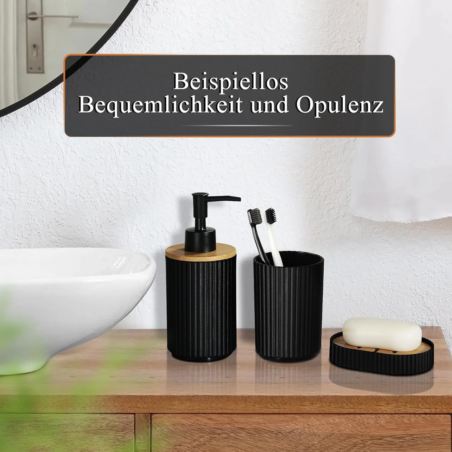 ست لوازم حمام GMISUN، ۶ تکه، مشکی شامل جا مایع صابون، سطل زباله، جا مسواکی، جا صابونی، و برس توالت، طراحی بوهو