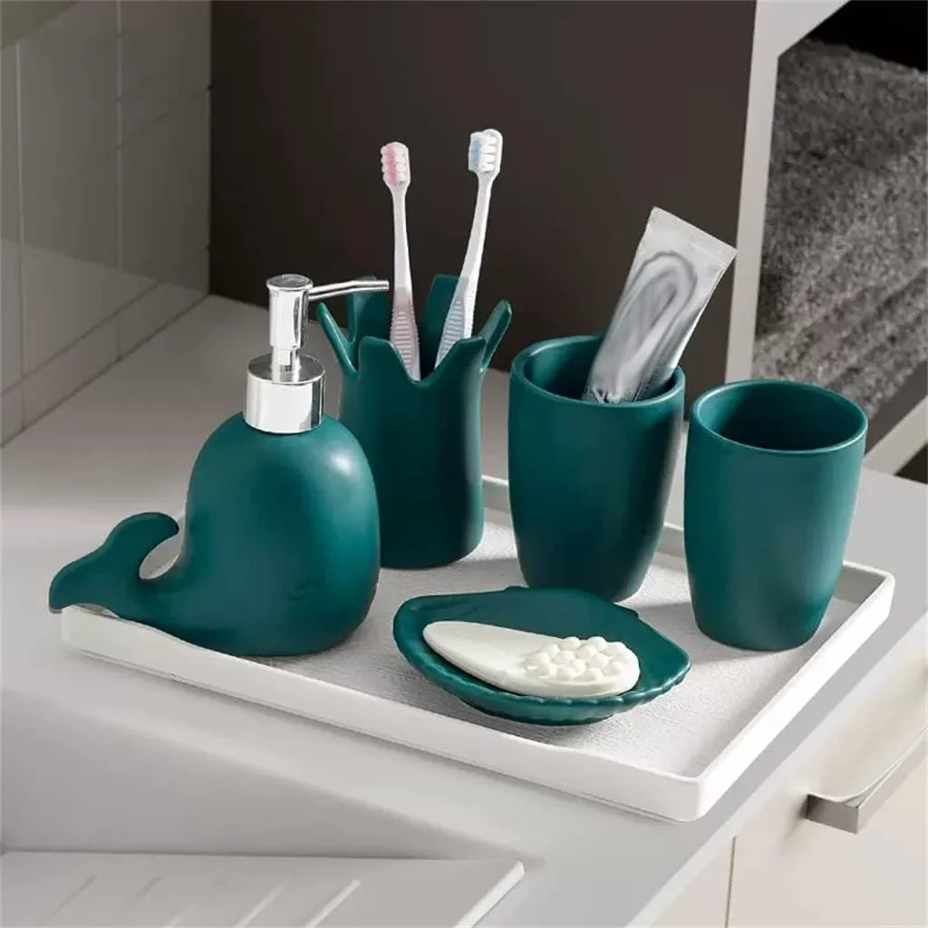 ست پنج تکه لوازم بهداشتی نوردیک برای حمام، شامل جای مسواک، لیوان دهانشویه، هدیه تزئینی و محل نگهداری ست پنج تکه لوازم بهداشتی نوردیک برای حمام، شامل جای مسواک، لیوان دهانشویه، هدیه تزئینی و محل نگهداری