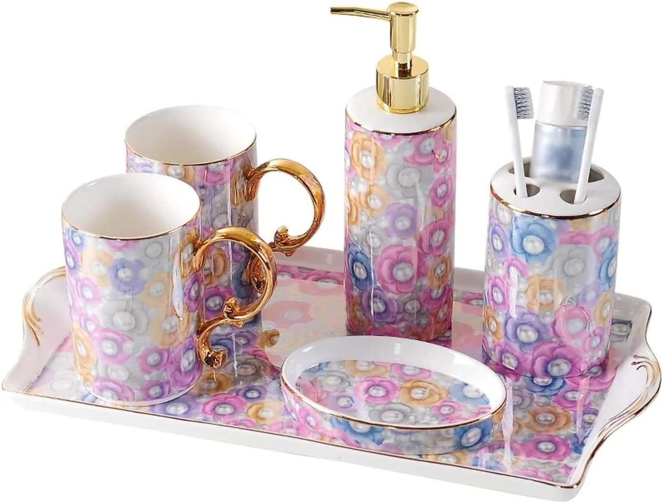 ست پنج تکه لوازم حمام، ست لوازم بهداشتی حمام، ظروف دندانپزشکی، فنجان شستشو دهان، ست شستشو