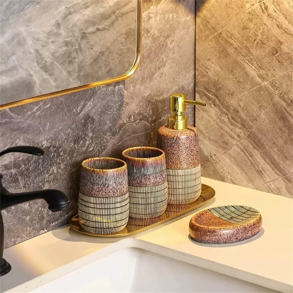 ست پنج تکه لوازم بهداشتی سرامیکی برای حمام، شامل جا مسواکی، لیوان شستشو و غیره ست پنج تکه لوازم بهداشتی سرامیکی برای حمام، شامل جا مسواکی، لیوان شستشو و غیره