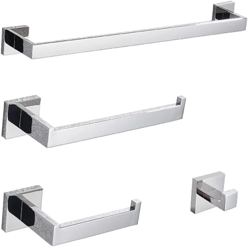 ست لوازم جانبی حمام کروم، شامل جا حوله ای، میله آویز لباس، قفسه و جا دستمال کاغذی و جا مسواکی، ست 4 تکه