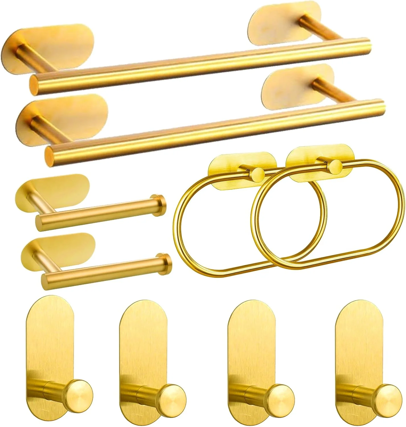 ست ۱۰ تکه لوازم جانبی حمام، استیل ضد زنگ طلایی برس خورده خود چسب، شامل میله حوله ۱۶ اینچی، جا دستمال توالت، حلقه حوله، قلاب حوله، قفسه حوله برای حمام