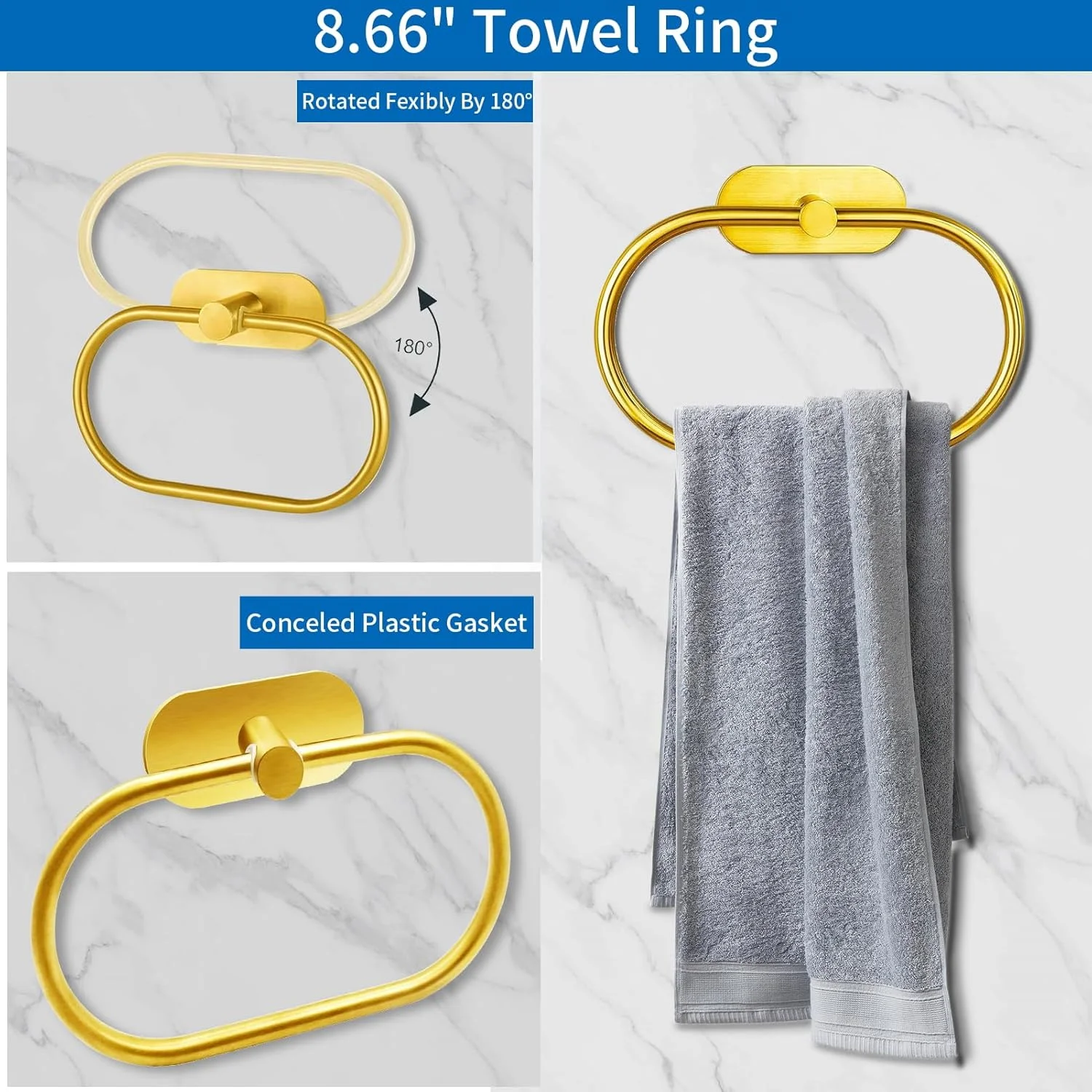 ست ۱۰ تکه لوازم جانبی حمام، استیل ضد زنگ طلایی برس خورده خود چسب، شامل میله حوله ۱۶ اینچی، جا دستمال توالت، حلقه حوله، قلاب حوله، قفسه حوله برای حمام
