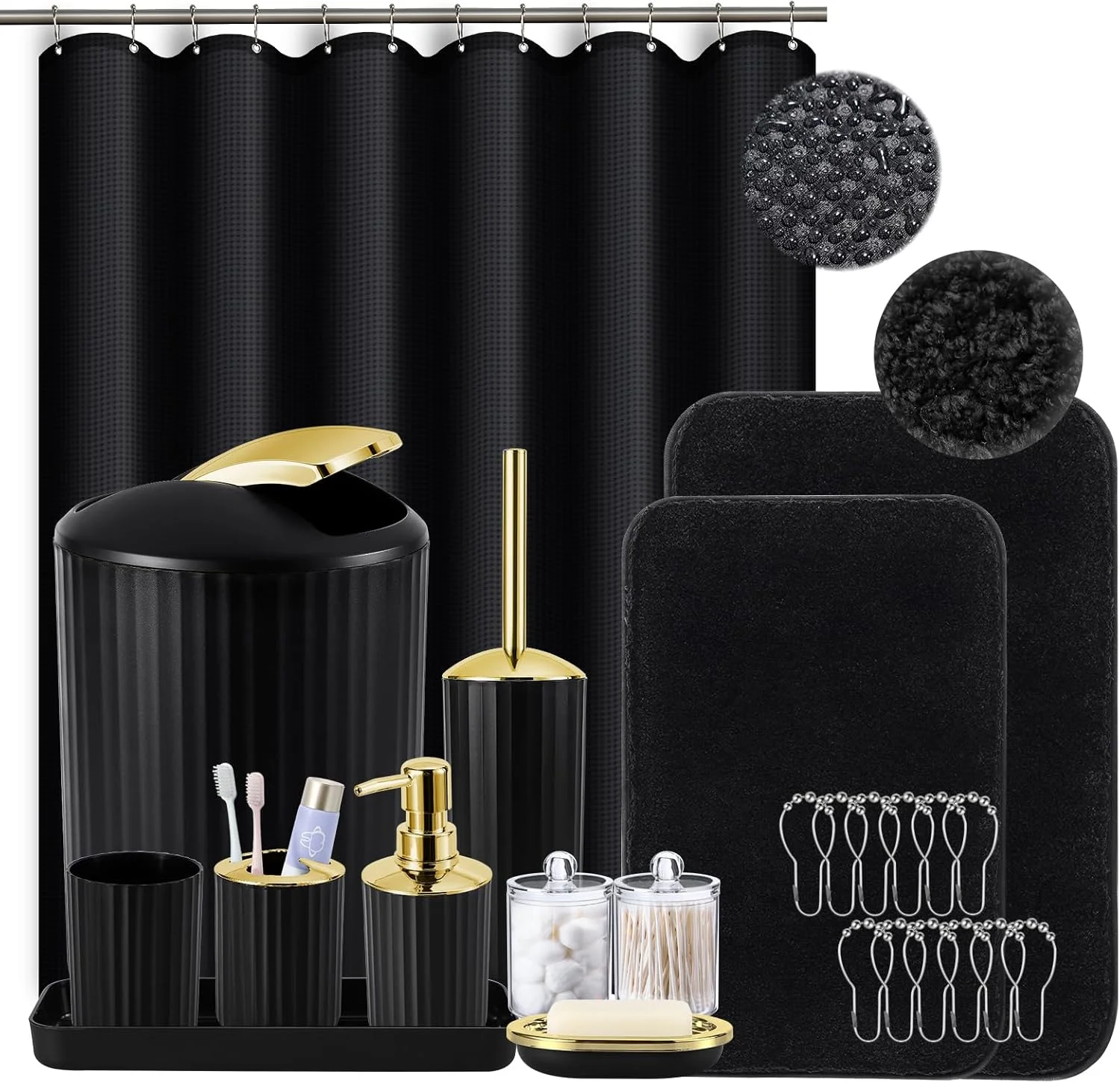 Black and Gold Bathroom Set with Shower Curtain and Rugs, Bathroom Accessories Sets with Extra Soft and Absorbent Bath Rugs Shower Curtain Black Bathroom Sets for Bath