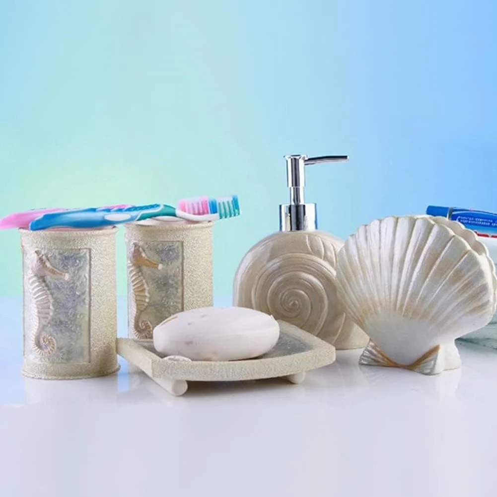 5Pcs Bathroom Set Beach Polyresin Seashells Ensemble Set Includes Soap Dispenser Soap Dish Tumbler Toothbrush Holder - Set for Home, Office, Hotel