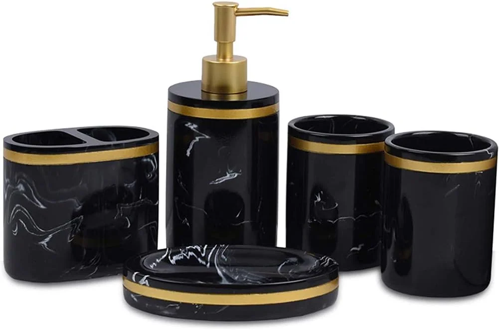 5 Pcs Bathroom Wash Set Marble Pattern Black Gold Resin Bathroom Set Including Toothbrush Holder, Lotion Bottle, Soap Dish, 2 Tumblers