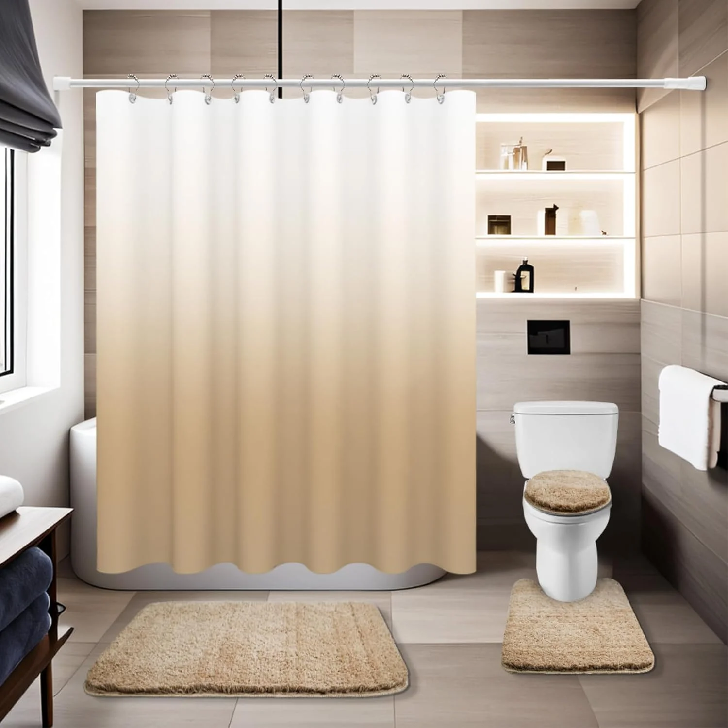 Beige Bathroom Sets with Shower Curtain and Rugs Waterproof Shower Curtains x1 Bathroom Rugs x1 Toilet Rug x1 Toilet Lid Cover x1 Luxury Bathroom Decor