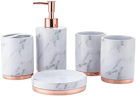 ست جا مسواکی و لوازم جانبی سرامیکی حمام، شامل جا مایع دستشویی، لیوان و جا صابونی، ست 5 تکه