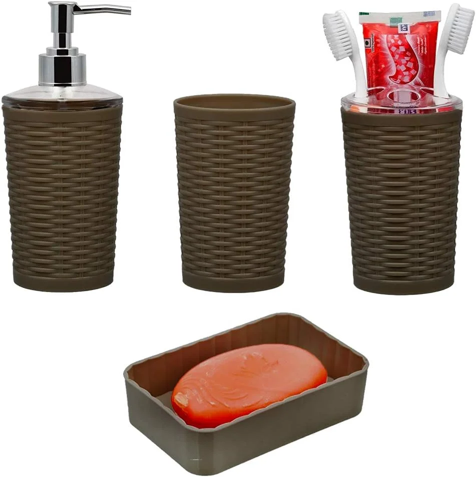 ست هدیه 4 تکه پلاستیکی BLEQYS، ست لوازم جانبی حمام، جا مسواکی، جا مایع صابون، جا صابونی، ست لیوان (سفید)