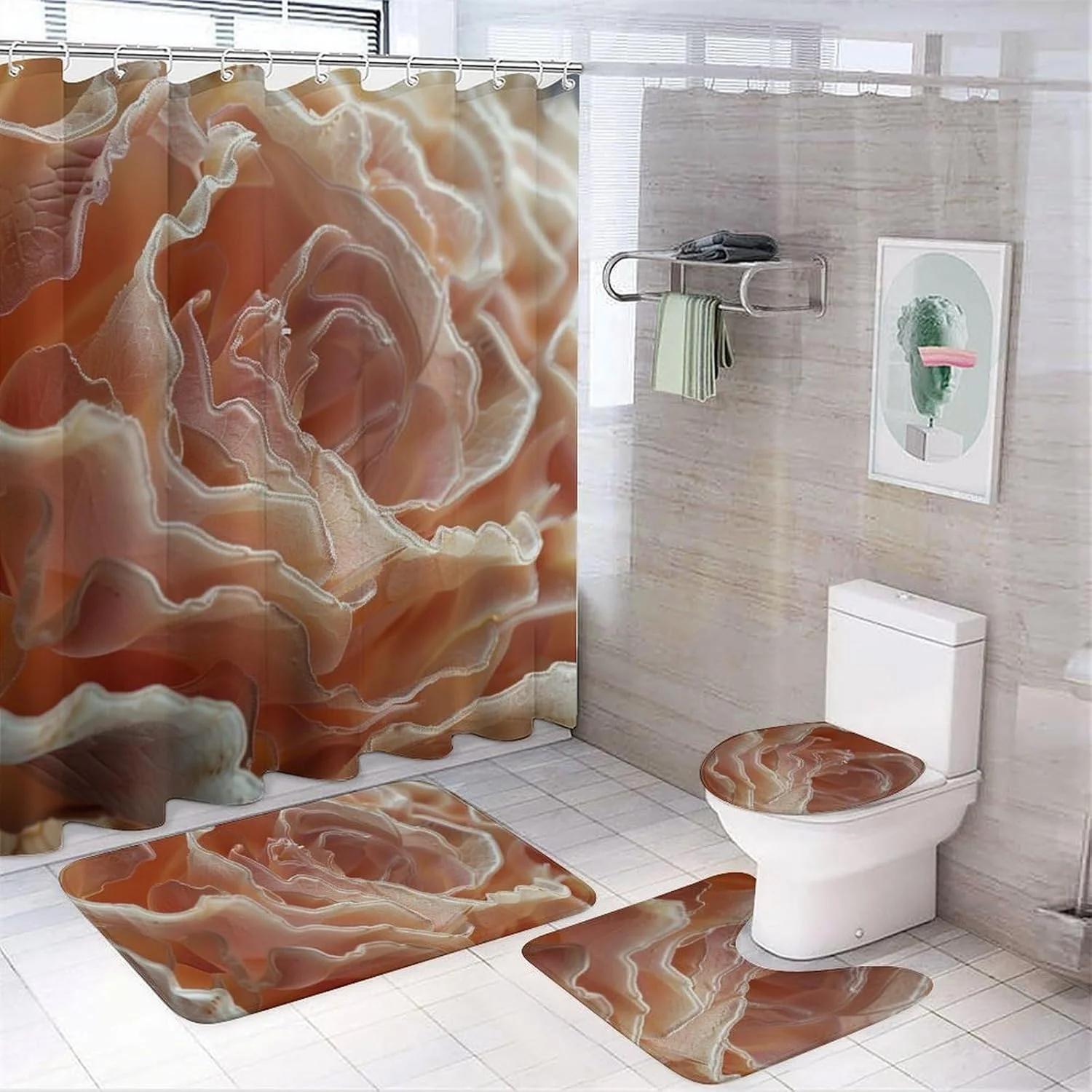 ست پرده حمام 4 تکه، ست های حمام با پرده حمام، پادری و روکش درب توالت - طرح گل