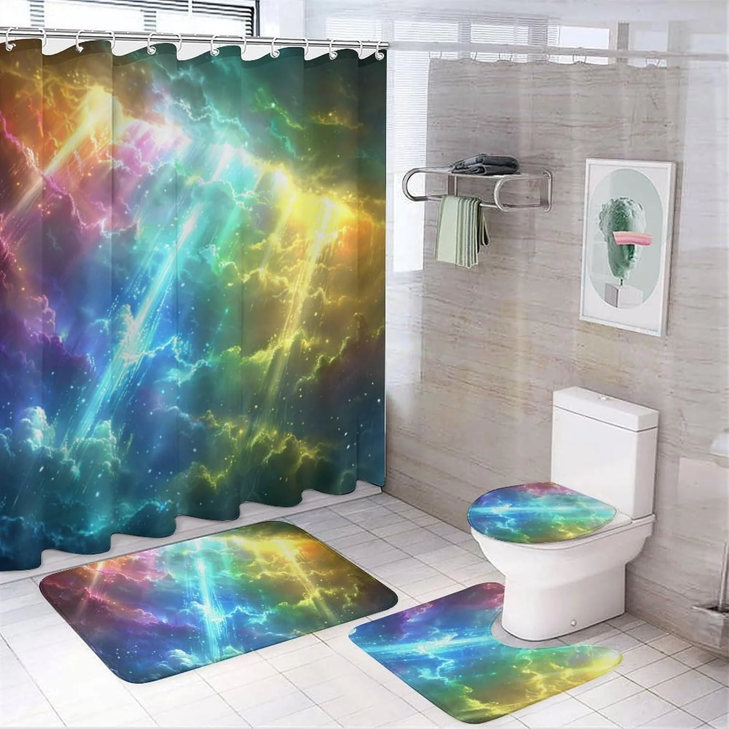 ست پرده حمام 4 تکه، ست حمام با پرده حمام، فرش و روکش درب توالت - طرح هنری ست پرده حمام 4 تکه، ست حمام با پرده حمام، فرش و روکش درب توالت - طرح هنری