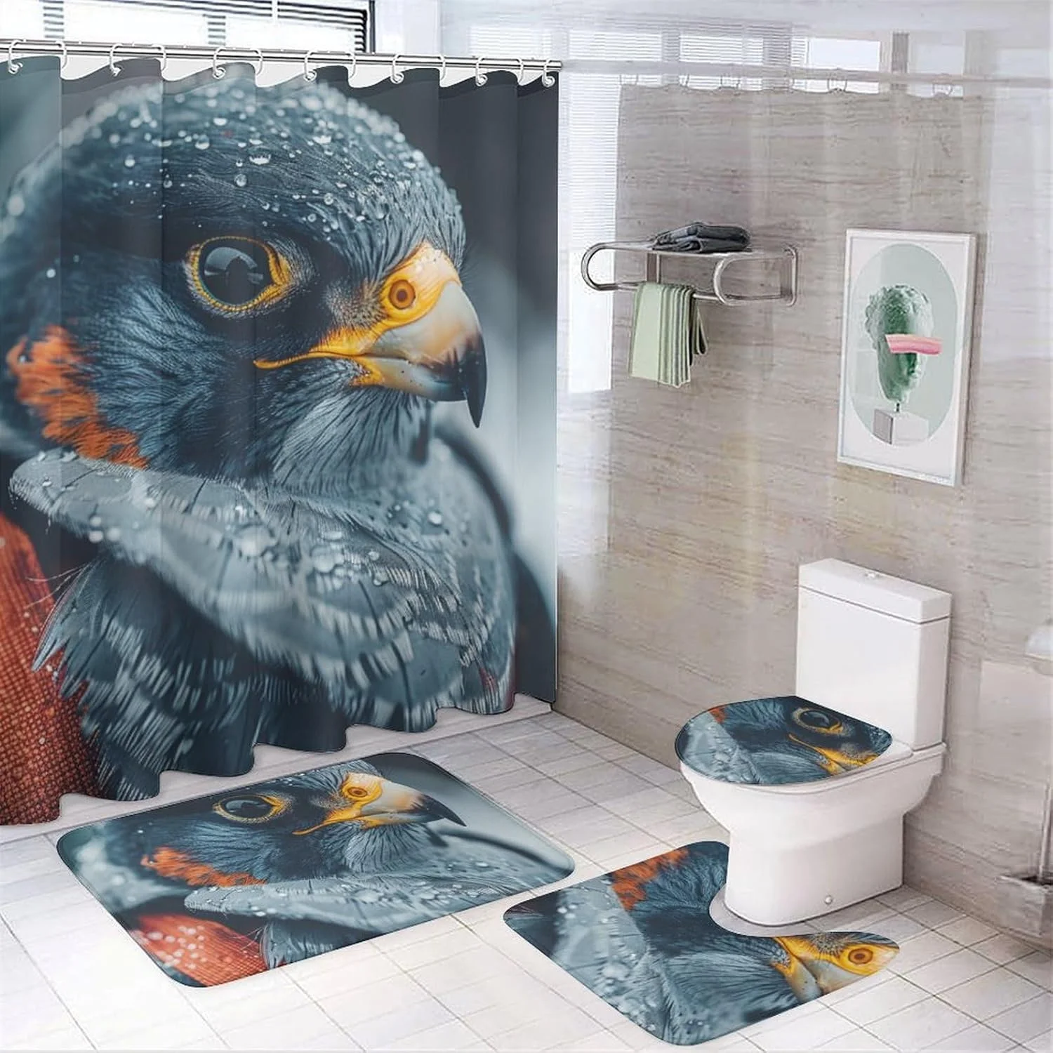 ست پرده حمام 4 تکه، ست لوازم حمام، پرده حمام و پادری با روکش درب توالت - طرح پرنده