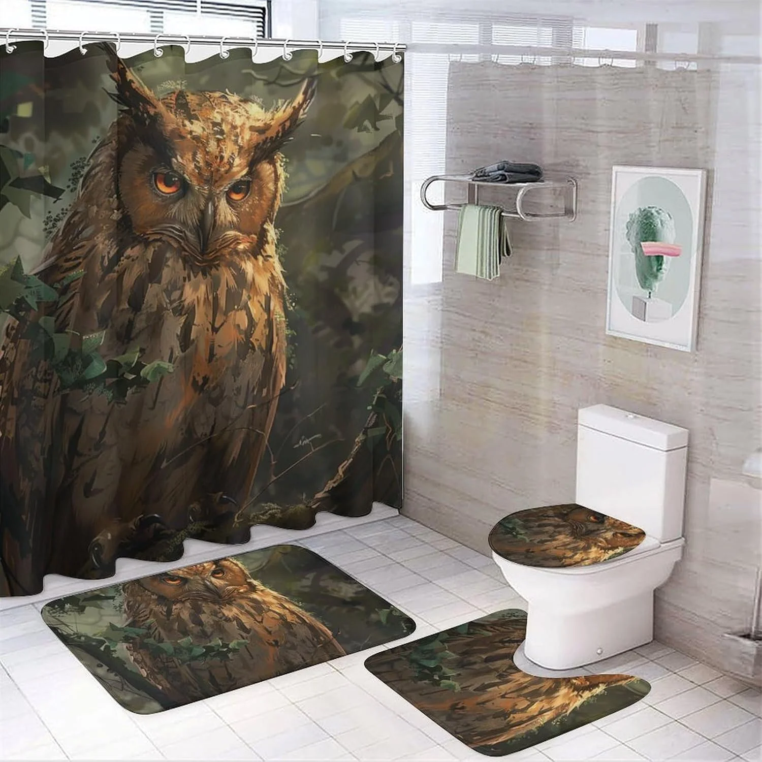 ست ۴ تکه حمام شامل پرده حمام + پادری حمام + روکش صندلی توالت، دکور حمام پادری ضد لغزش - طرح جغد ست ۴ تکه حمام شامل پرده حمام + پادری حمام + روکش صندلی توالت، دکور حمام پادری ضد لغزش - طرح جغد