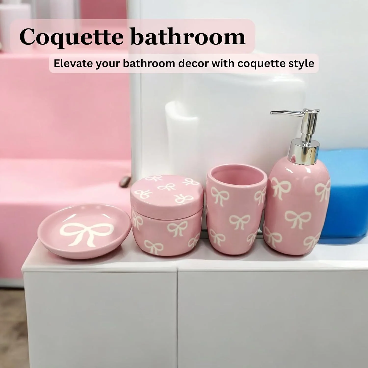 ست لوازم حمام پاپیونی، ست 4 تکه لوازم جانبی سرامیکی حمام - جا مایع صابون، لیوان مسواک، سینی صابون، جا پنبه - دکور حمام صورتی هدیه برای او (صورتی)