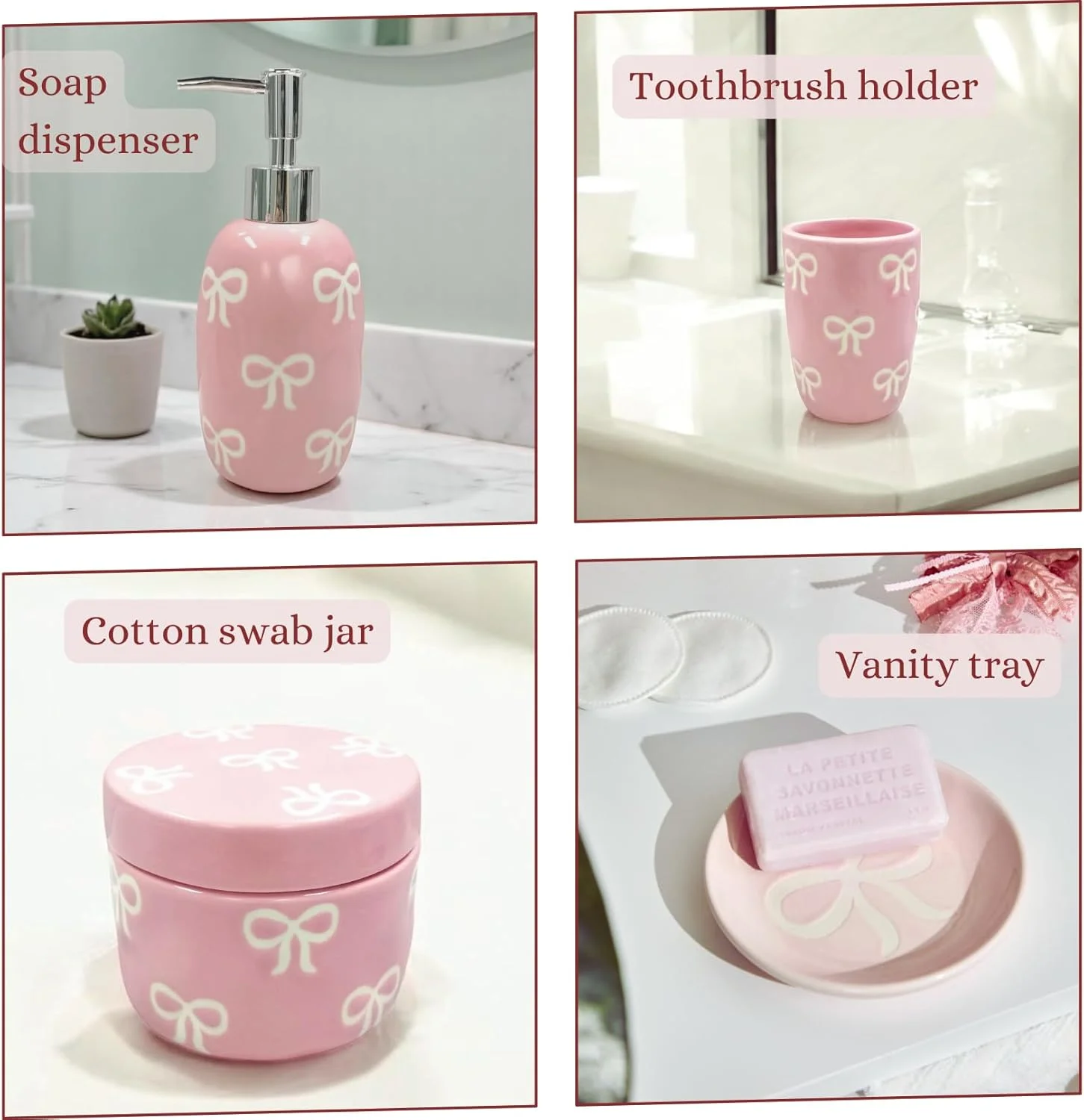 ست لوازم حمام پاپیونی، ست 4 تکه لوازم جانبی سرامیکی حمام - جا مایع صابون، لیوان مسواک، سینی صابون، جا پنبه - دکور حمام صورتی هدیه برای او (صورتی)