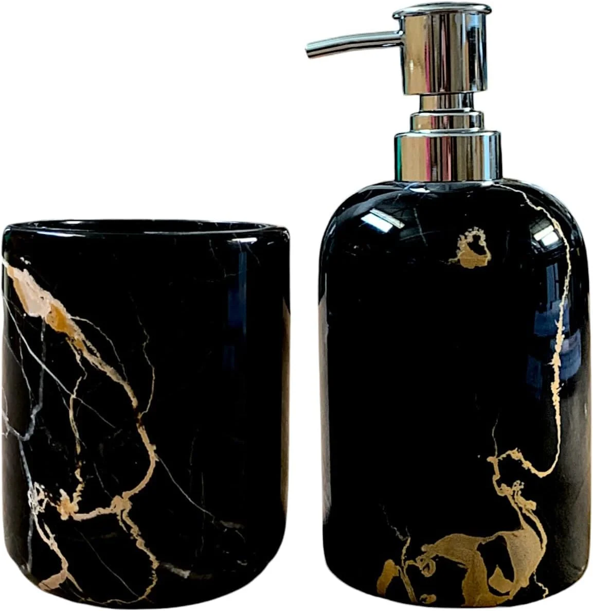 ست لوازم سرویس بهداشتی سنگ پورتورو شامل جای مایع دستشویی و مجسمه هنری