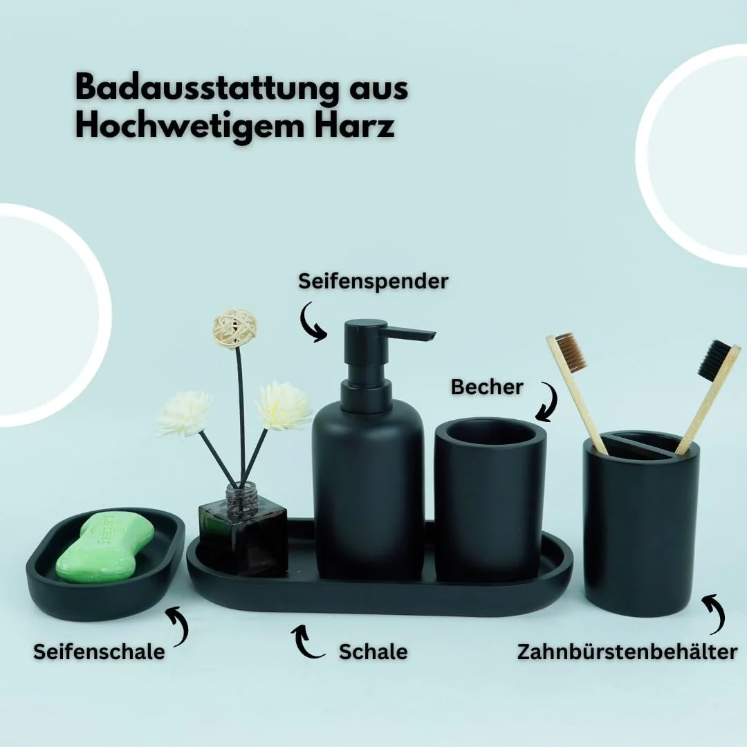 ست لوازم حمام 5 تکه CeleBig® | سازمان دهنده حمام | لوازم جانبی حمام | ست جا مایع دستشویی ساخته شده از رزین | جا مسواکی | جا صابونی | لیوان | کاسه | مشکی ست لوازم حمام 5 تکه CeleBig® | سازمان دهنده حمام | لوازم جانبی حمام | ست جا مایع دستشویی ساخته شده از رزین | جا مسواکی | جا صابونی | لیوان | کاسه | مشکی