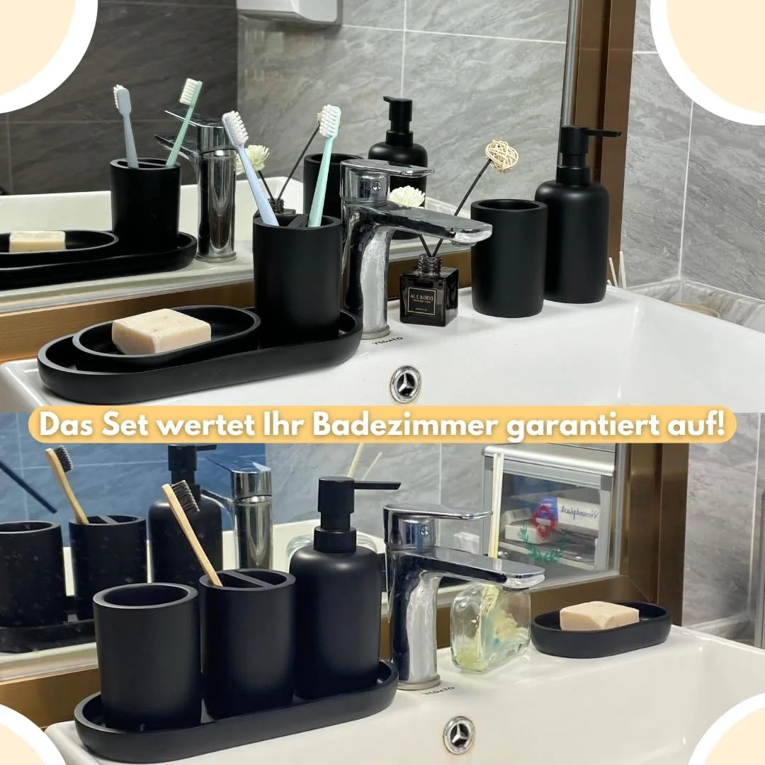 ست لوازم حمام 5 تکه CeleBig® | سازمان دهنده حمام | لوازم جانبی حمام | ست جا مایع دستشویی ساخته شده از رزین | جا مسواکی | جا صابونی | لیوان | کاسه | مشکی ست لوازم حمام 5 تکه CeleBig® | سازمان دهنده حمام | لوازم جانبی حمام | ست جا مایع دستشویی ساخته شده از رزین | جا مسواکی | جا صابونی | لیوان | کاسه | مشکی