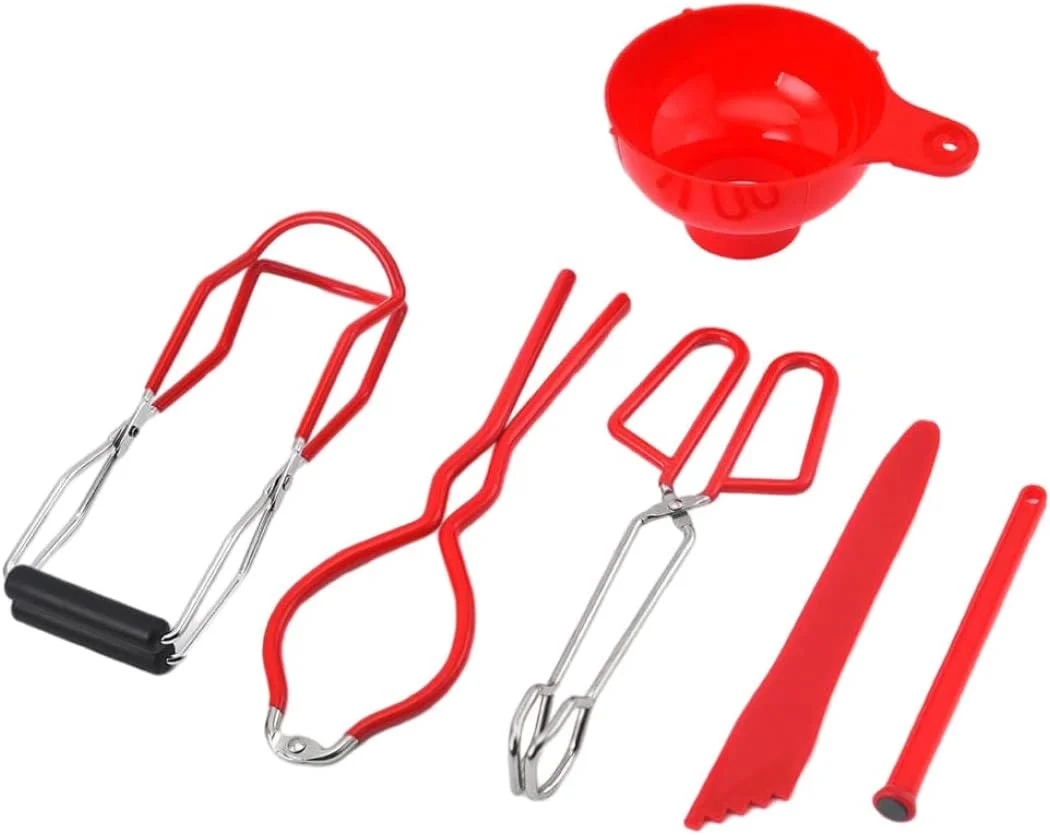 ست ۶ تکه لوازم کنسرو کردن، شامل قیف کنسرو، گیره بلند کننده شیشه، آچار، انبر کنسرو، بلند کننده درب مغناطیسی، ابزار حذف حباب برای شیشه های دهان گشاد و قابلمه کنسرو ست ۶ تکه لوازم کنسرو کردن، شامل قیف کنسرو، گیره بلند کننده شیشه، آچار، انبر کنسرو، بلند کننده درب مغناطیسی، ابزار حذف حباب برای شیشه های دهان گشاد و قابلمه کنسرو