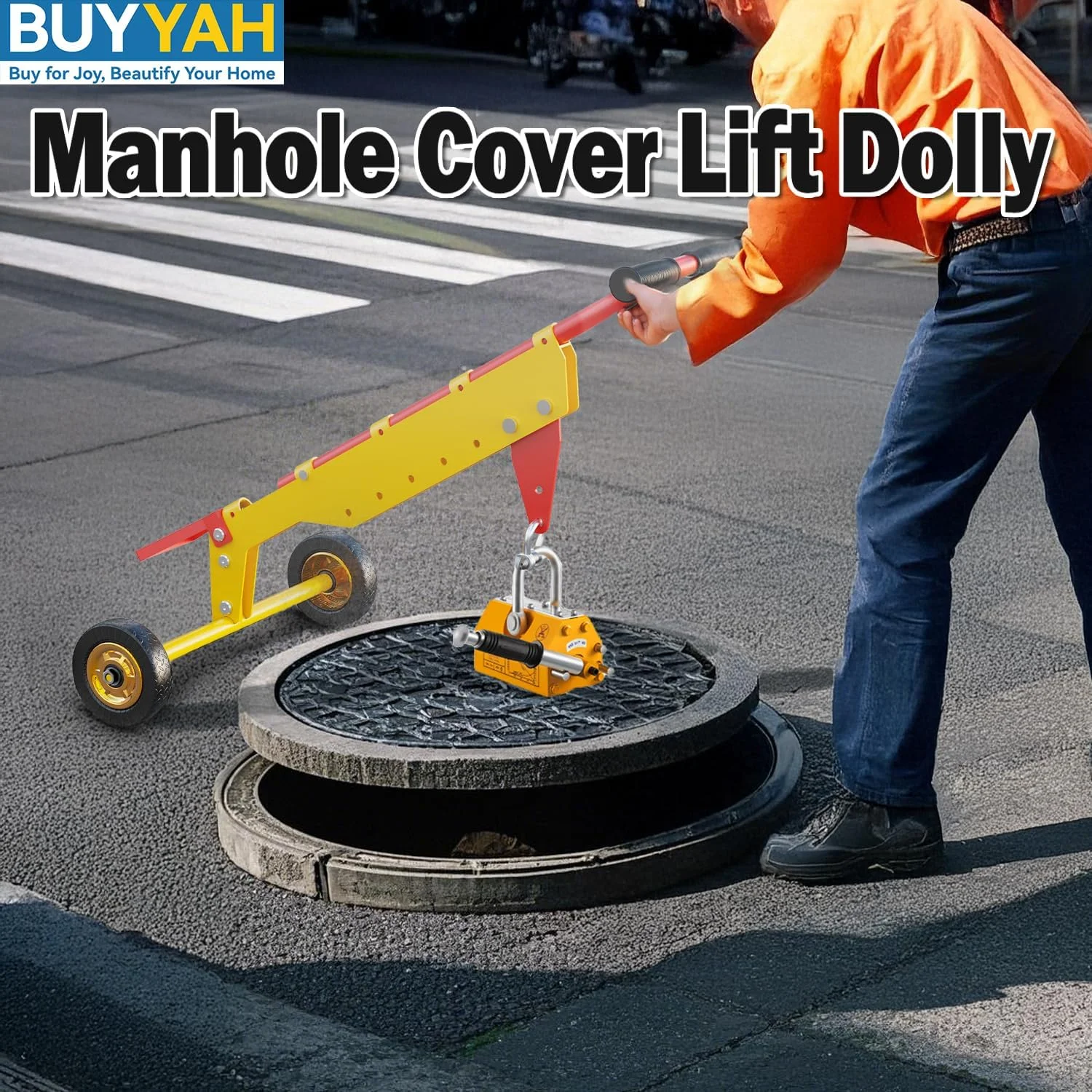 دالی بالابر درب منهول BUYYAH با دسته قابل تنظیم و 2 چرخ لاستیکی، برای بلند کردن آسان درب منهول (مگنت شامل نمی شود)