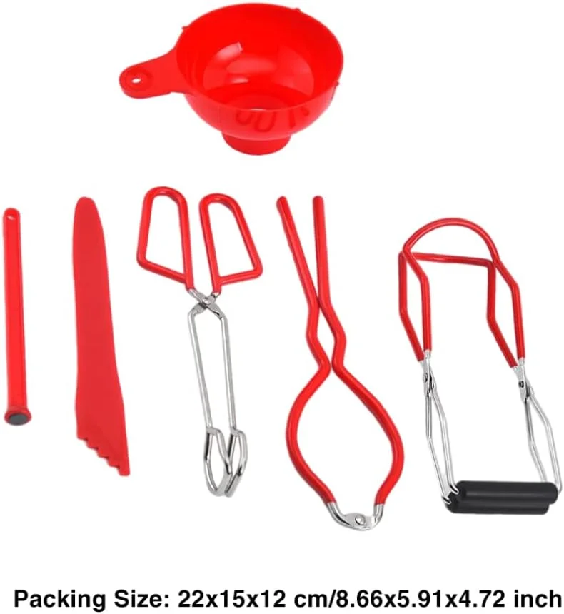 ست ۶ تکه لوازم کنسرو کردن، شامل قیف کنسرو، گیره بلند کننده شیشه، آچار، انبر کنسرو، بلند کننده درب مغناطیسی، ابزار حذف حباب برای شیشه های دهان گشاد و قابلمه کنسرو