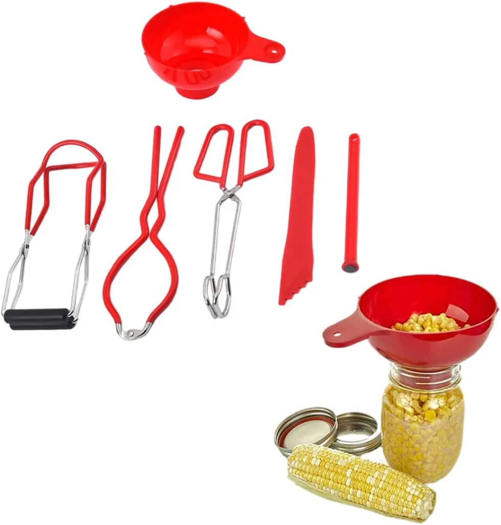 ست ۶ تکه لوازم کنسرو کردن، شامل قیف کنسرو، گیره بلند کننده شیشه، آچار، انبر کنسرو، بلند کننده درب مغناطیسی، ابزار حذف حباب برای شیشه های دهان گشاد و قابلمه کنسرو