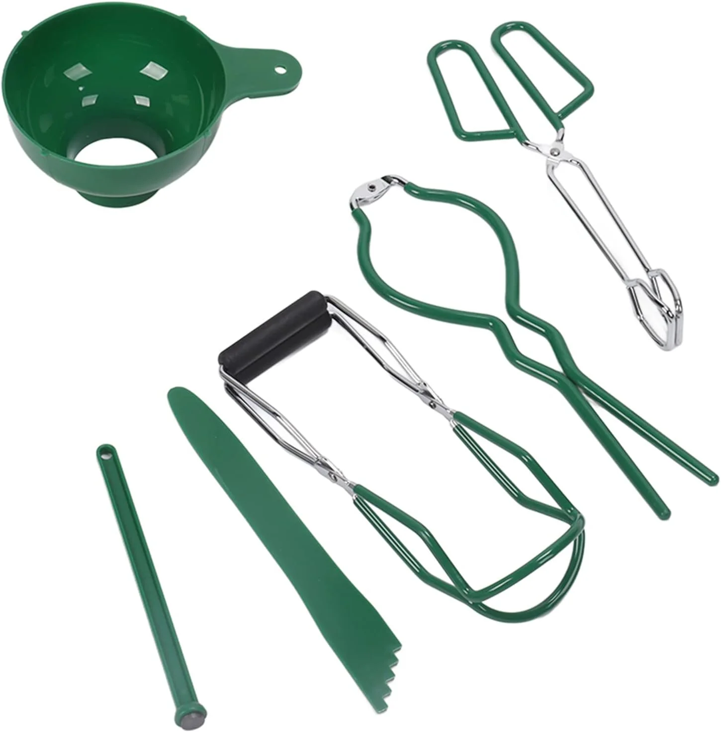 ست ۶ تکه ابزار کنسرو کردن، شامل انبر بلند کننده قوطی، آچار شیشه مربا، بلند کننده درب مغناطیسی، و ابزار ضد سوختگی