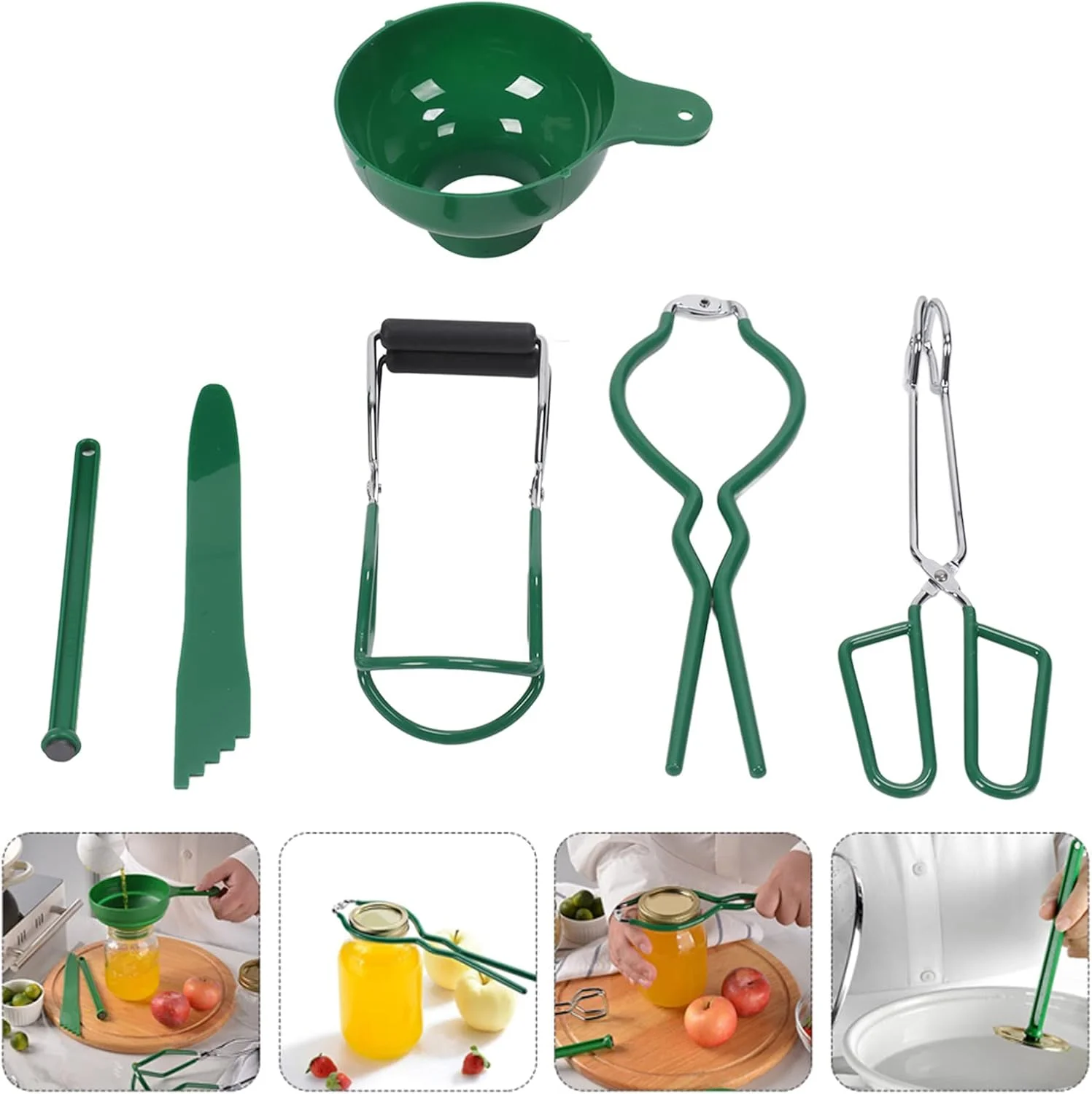 ست ۶ تکه ابزار کنسرو کردن، شامل انبر بلند کننده قوطی، آچار شیشه مربا، بلند کننده درب مغناطیسی، و ابزار ضد سوختگی