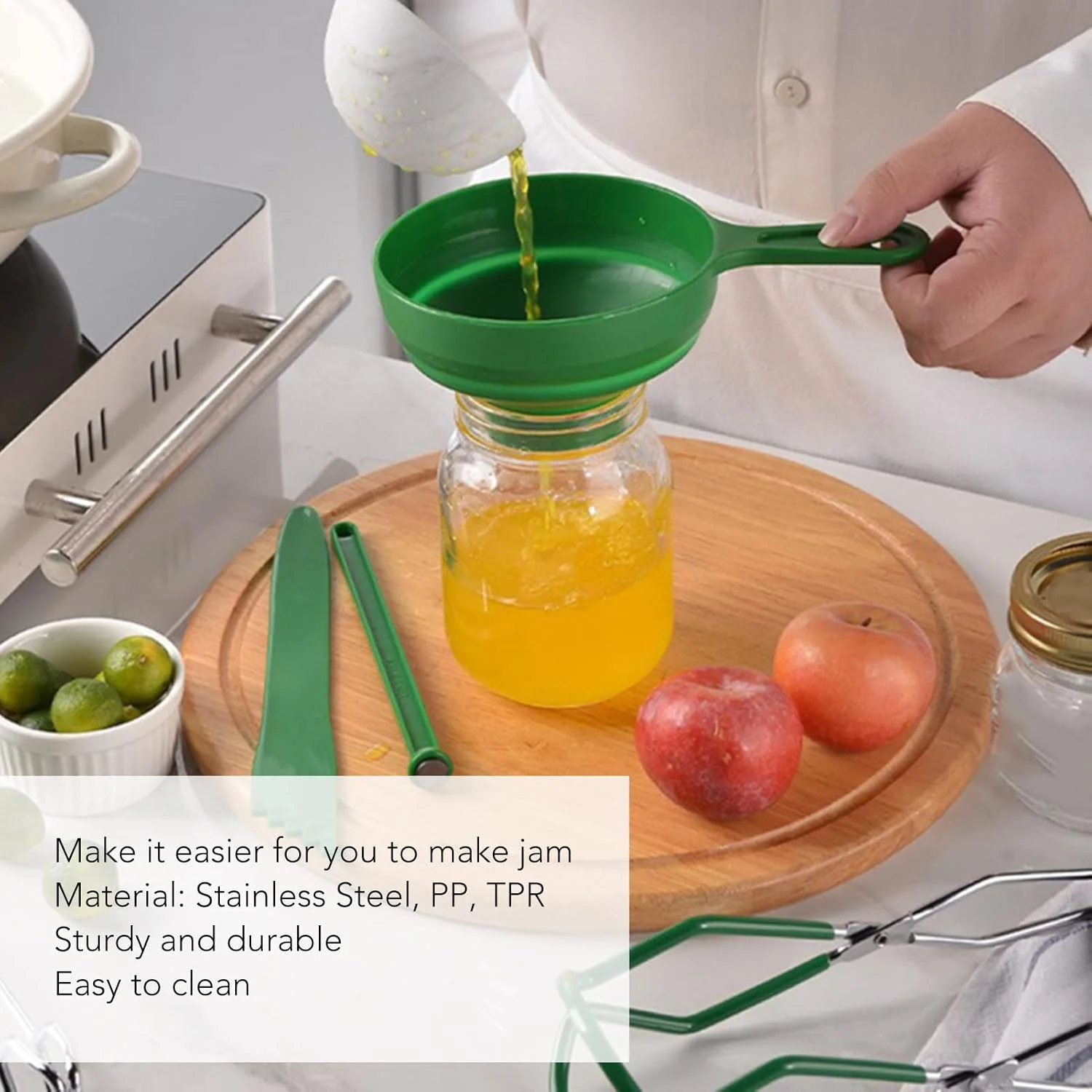 ست ۶ تکه ابزار کنسرو کردن، شامل انبر بلند کننده قوطی، آچار شیشه مربا، بلند کننده درب مغناطیسی، و ابزار ضد سوختگی