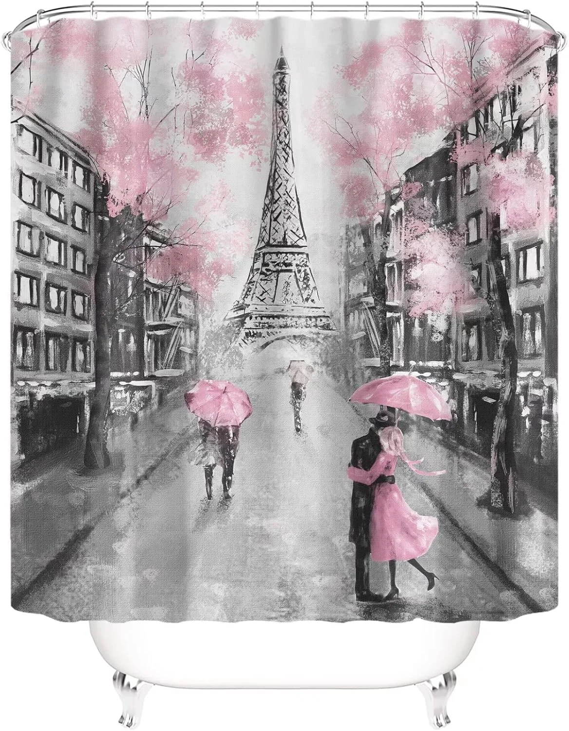 ست پرده حمام 4 تکه با طرح برج ایفل صورتی، شامل فرش ضد لغزش، پادری U شکل، روکش درب توالت و 12 عدد قلاب، سایز 180x180