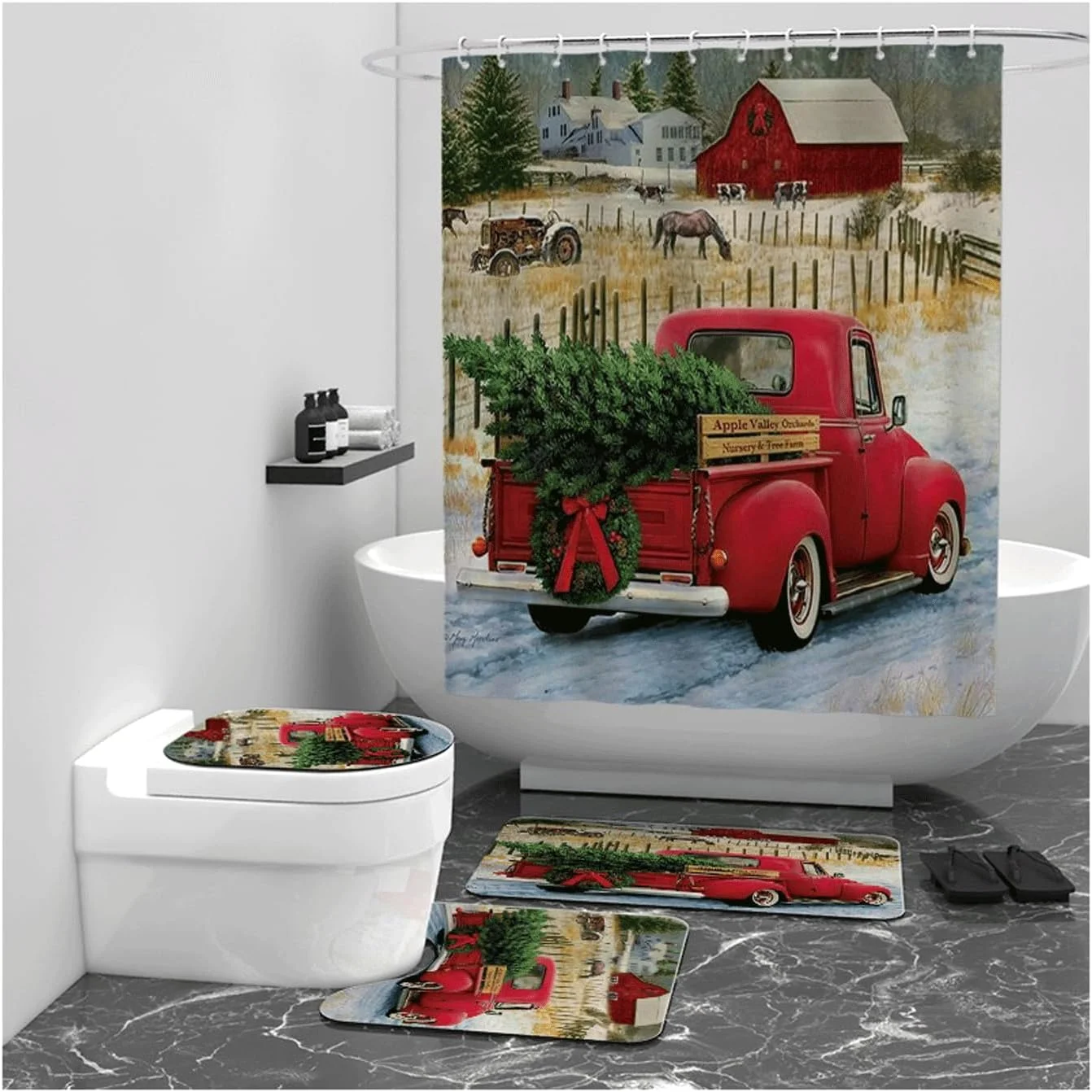ست پرده حمام طرح ماشین کریسمس با 12 عدد گیره و ست های حمام با پرده و پادری، دکوراسیون جشن تعطیلات با طرح ماشین زیبا