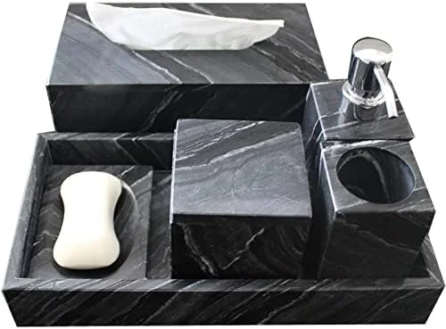 ست لوازم جانبی حمام ساخته شده از سنگ طبیعی، چوب مشکی و مرمر - ست لوازم جانبی حمام 6 تکه شامل جا مایع صابون، جا مسواکی، لیوان و سینی جا صابونی و جعبه دستمال کاغذی